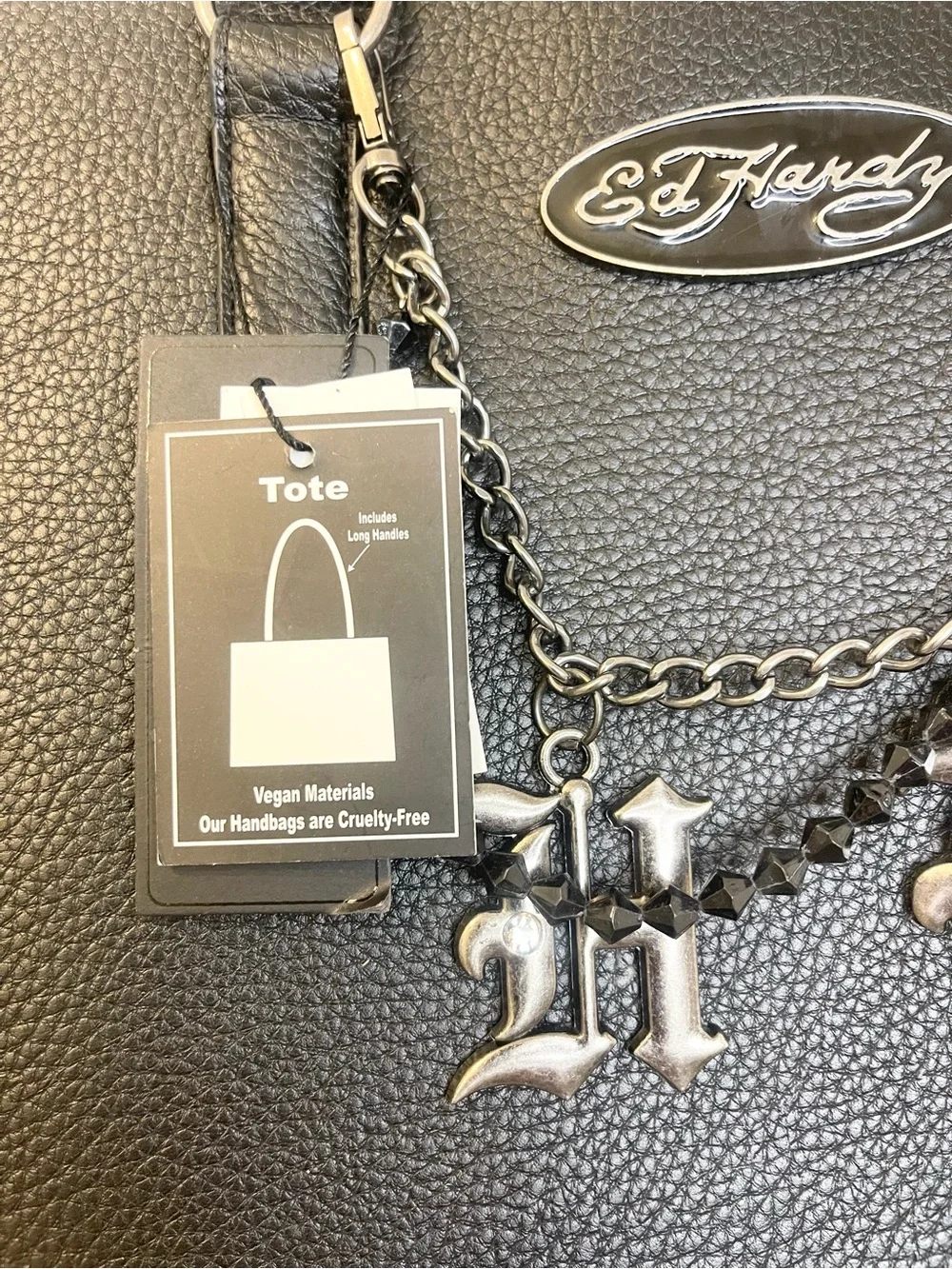 Ed Hardy Studded Black Tote with Silver Studs & Chain Charm